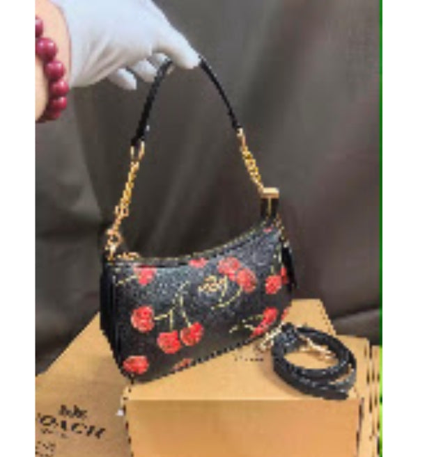Coach Cherry Print Shoulder Bag – Black Signature Canvas Mini Crossbody Handbag