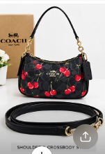 Coach Cherry Print Shoulder Bag – Black Signature Canvas Mini Crossbody Handbag