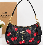 Coach Cherry Print Shoulder Bag – Black Signature Canvas Mini Crossbody Handbag