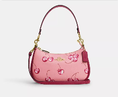 COACH Teri 2-Way Shoulder Bag Pink Cherry Print Canvas Leather CR290 New
