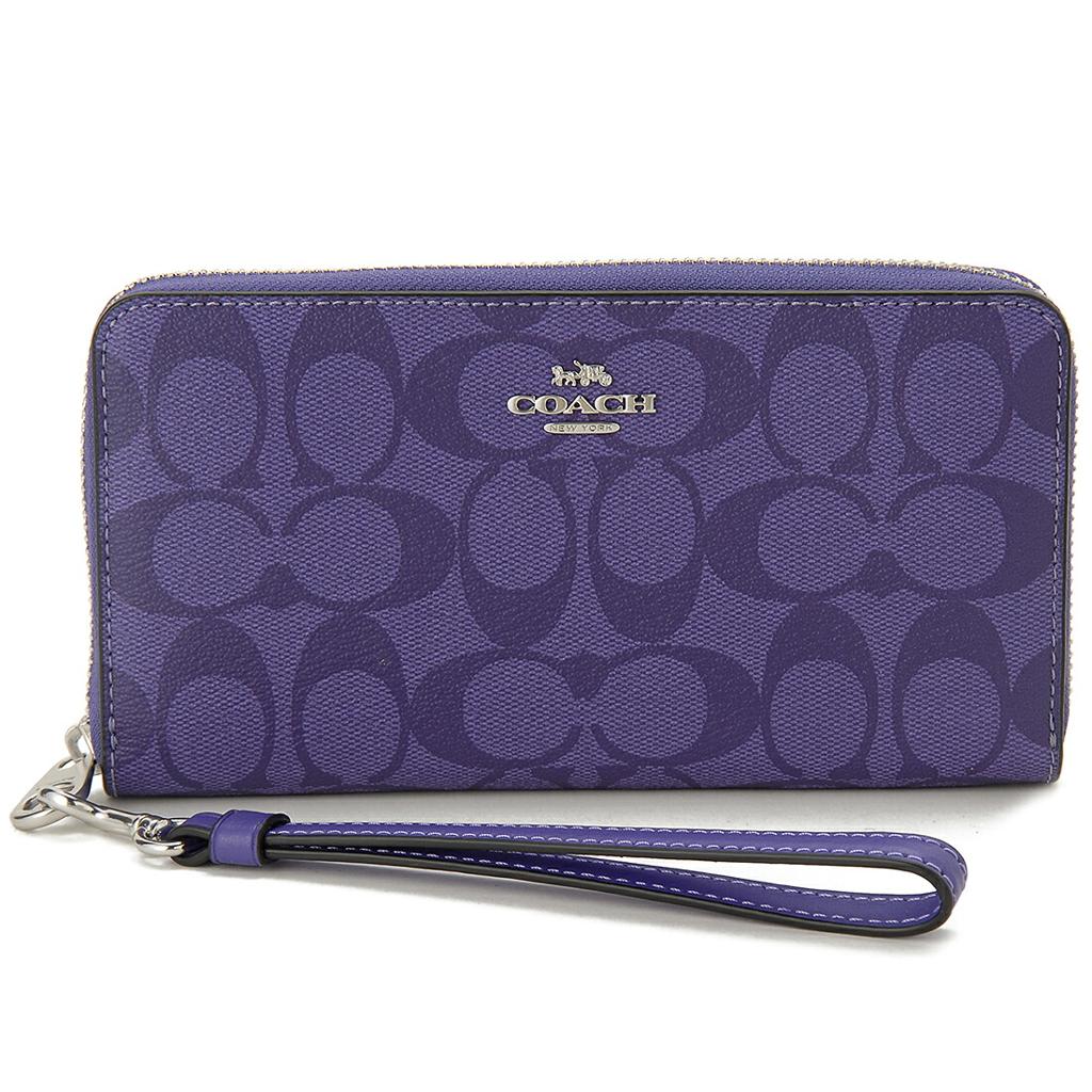 Coach C4452 Long Zip Around Wallet with Detachable Strap Signature Canvas Sport Purple