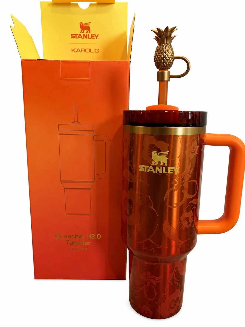 Stanley Quencher H2.0 FlowState 40oz Tumbler – Orange Handle, Straw & Karol G Floral Lid
