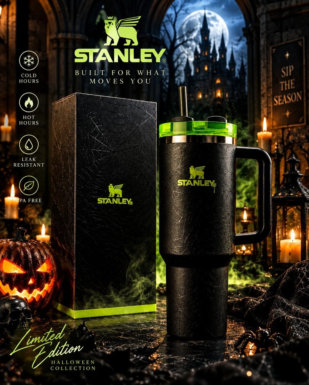 Stanley Halloween Web Glow H2.0 FlowState Quencher Tumbler – 40 oz Limited Edition