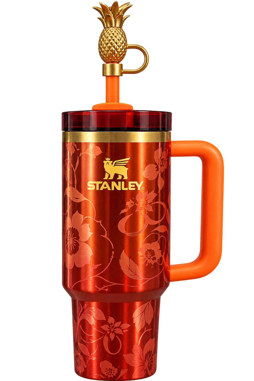 Stanley Quencher H2.0 FlowState 40oz Tumbler – Orange Handle, Straw & Karol G Floral Lid