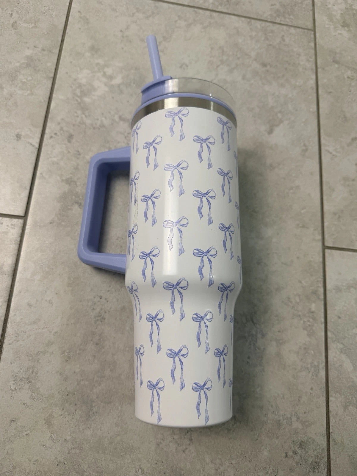 40 oz Lavender Bow Print Stainless Steel Tumbler with Handle & Straw