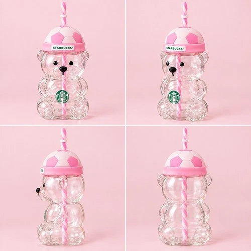 Bearista Bear Glass Tumbler Cup with Strawberry Topper and Baseball Cap – Reusable Mug