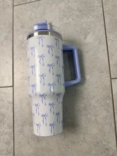 40 oz Lavender Bow Print Stainless Steel Tumbler with Handle & Straw