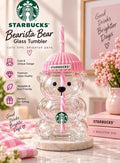 Bearista Bear Glass Tumbler Cup with Strawberry Topper and Baseball Cap – Reusable Mug