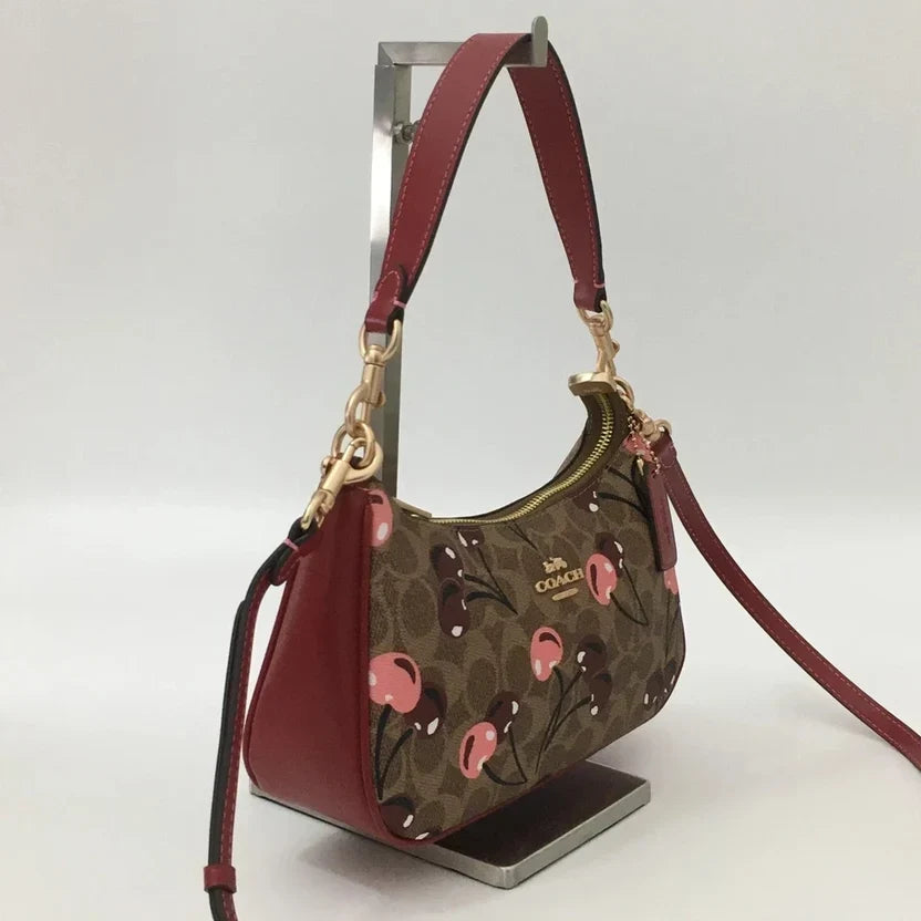 NWT Coach Teri Shoulder Bag in Signature Canvas with Cherry Print Tan Brown CY694